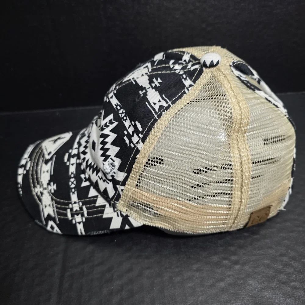 C.C Aztec Finish‎ Mesh Back Ponytail Baseball Cap Black & White Distressed Look